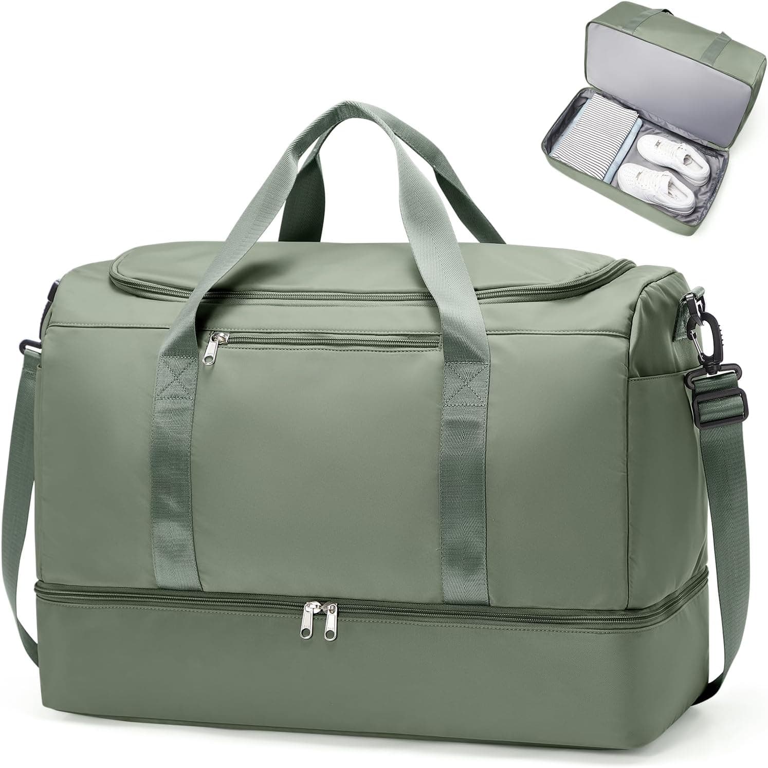 Large olive green travel duffle bag with shoe compartment
