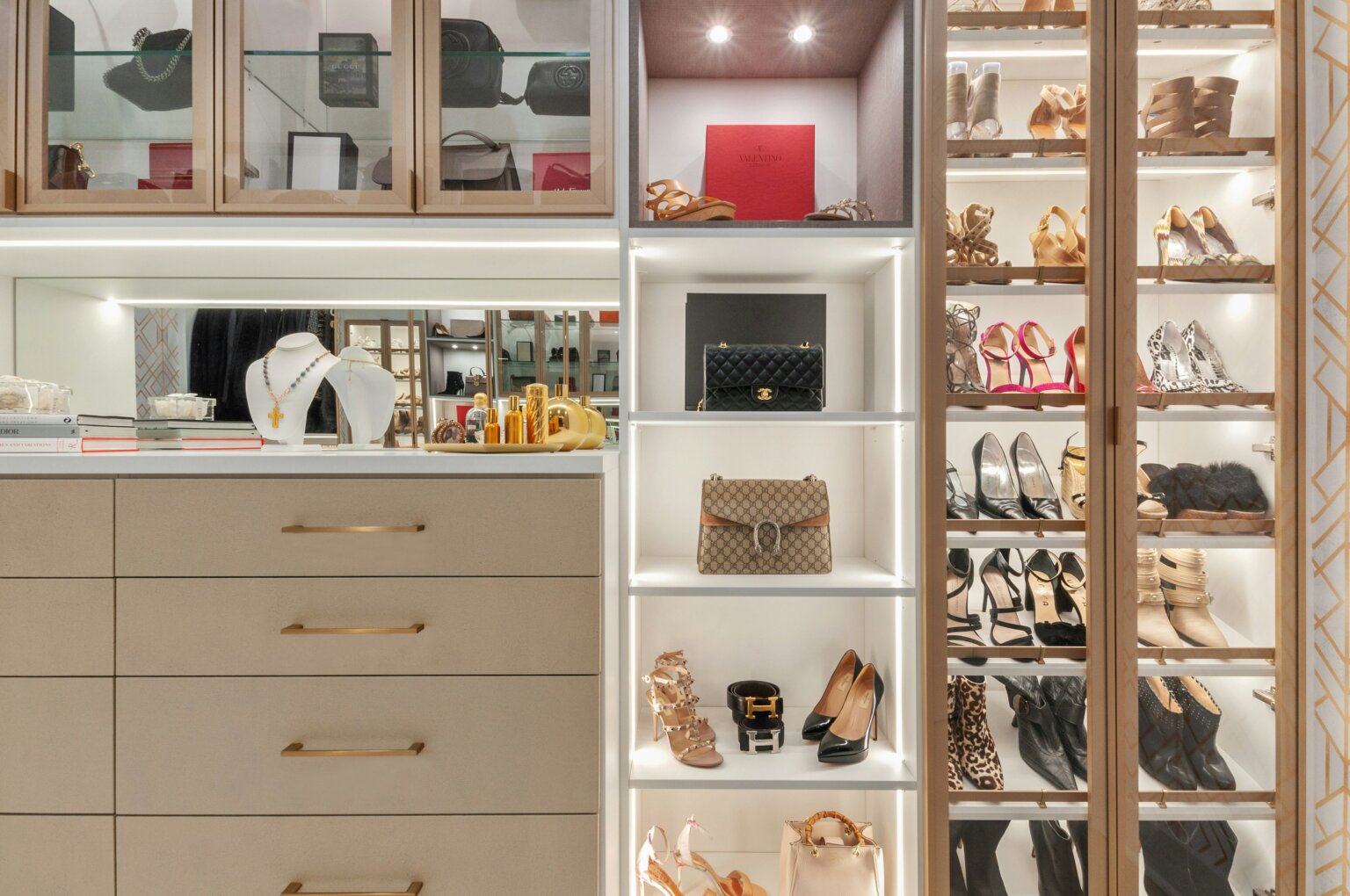a closet displaying trendy handbags