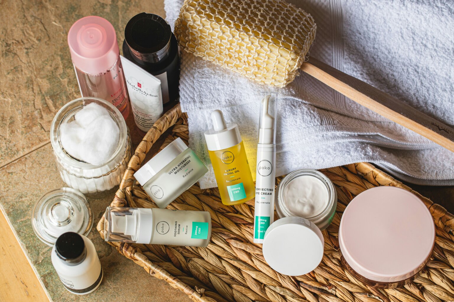 a basket full of skincare products